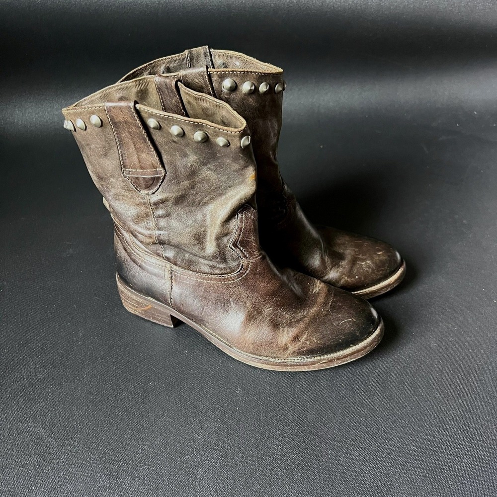 Vtg Made in Italy Brown Leather Studded Ankle Boots Women 37 Us 6.5 Moto Rocker